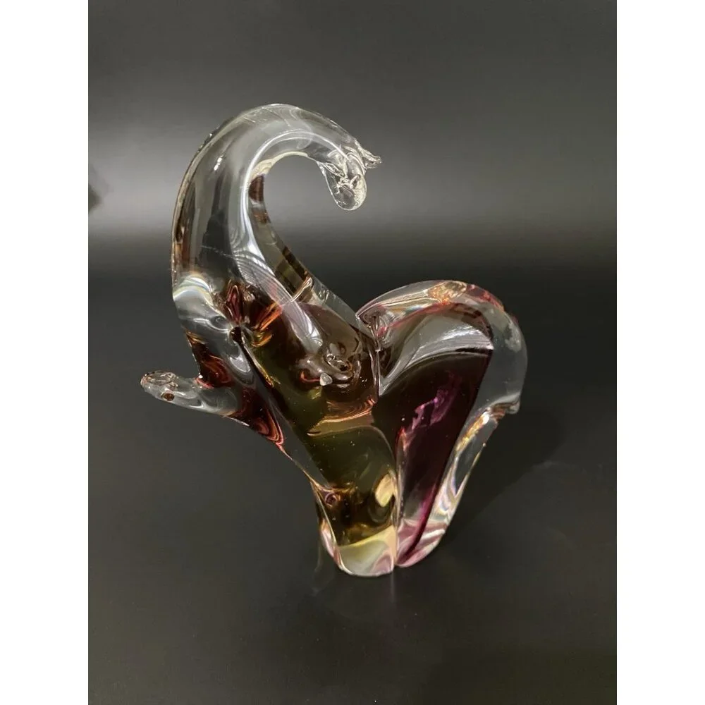 Clear Glass Elephant Figurine Paperweight Purple & Amber Collector 6